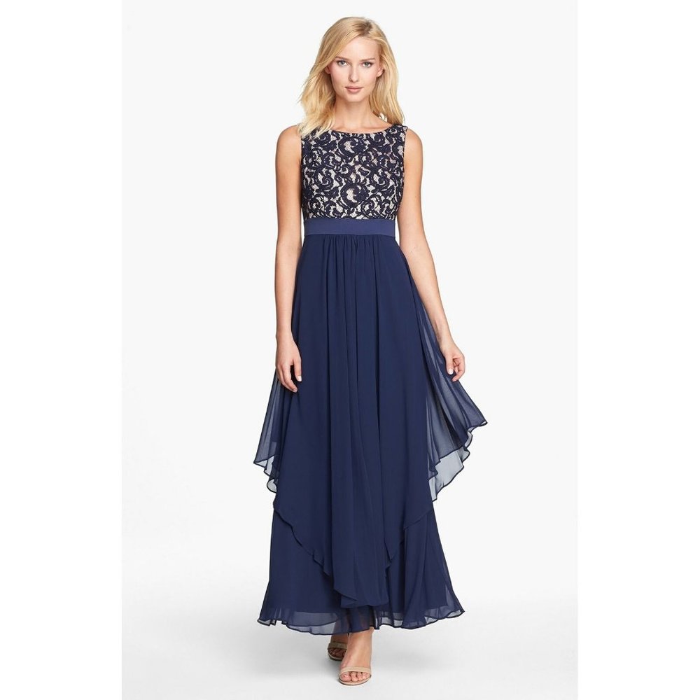 NEW Eliza J. Navy Blue Lace and Chiffon Gown Modest Prom Maxi Dress Size 14 $219 - Picture 4 of 16